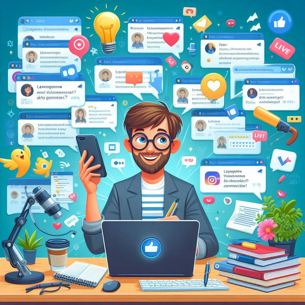 Social media manager engaging audience via live sessions and comments.