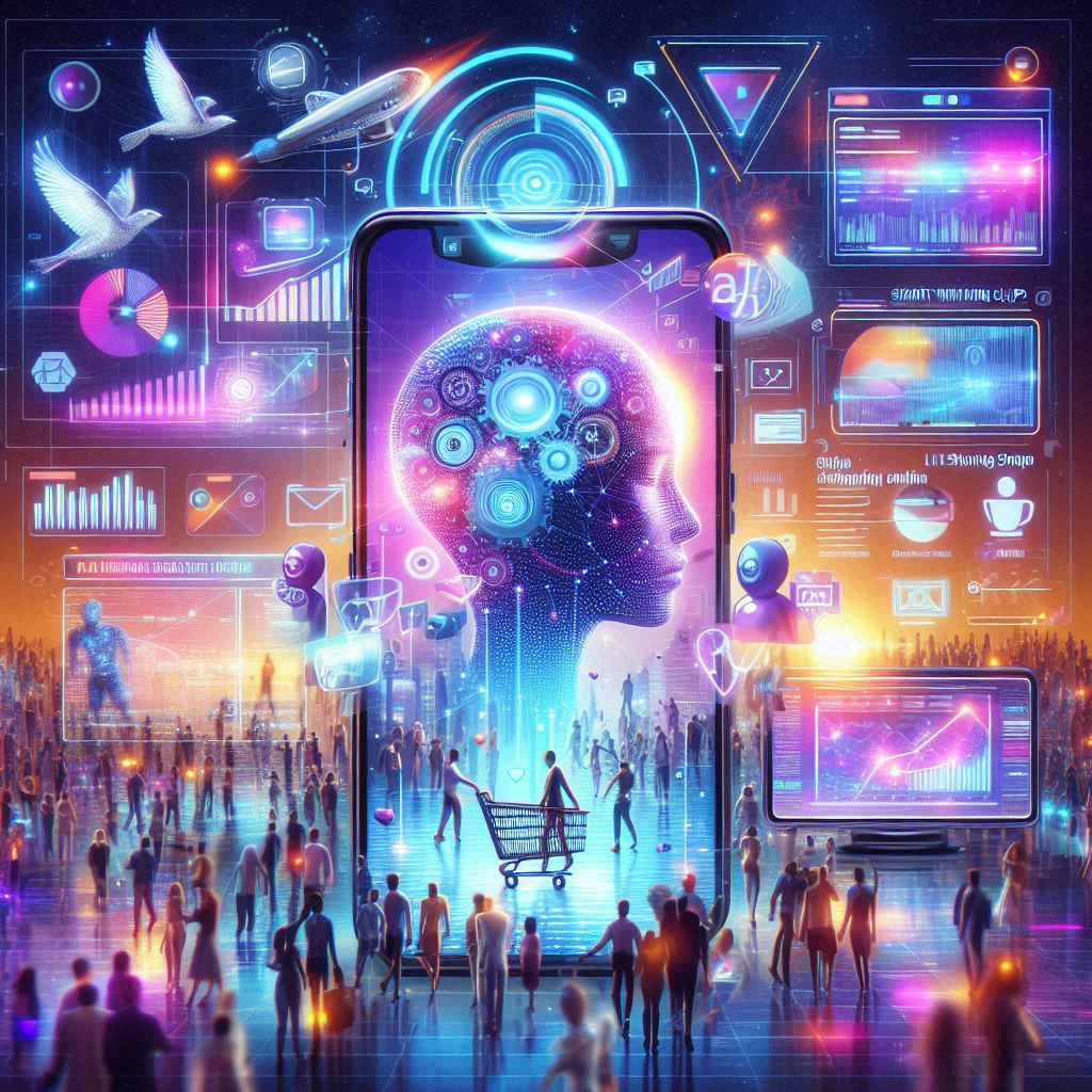 Illustration of 2025 social media trends like AI content, videos, and social commerce.