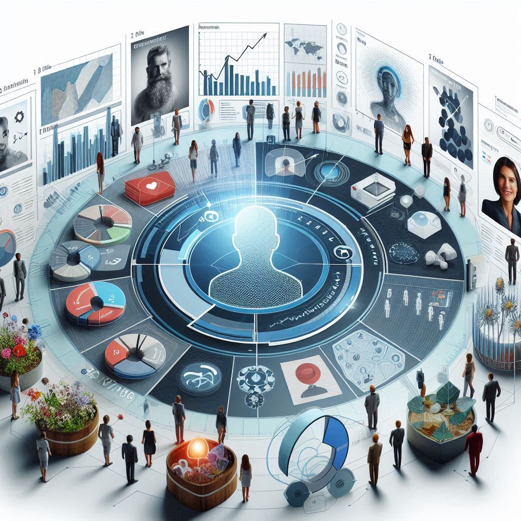 Audience demographics and analytics with charts and diverse user profiles.